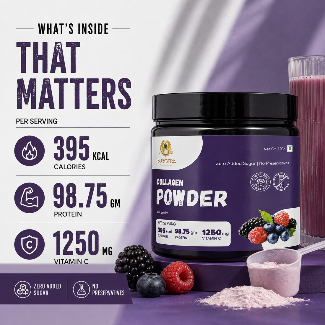 Suryatra Collagen Powder with Vitamin C – Mixed Berry Flavour | Zero Added Sugar | Collagen Protein Supplement | 120g