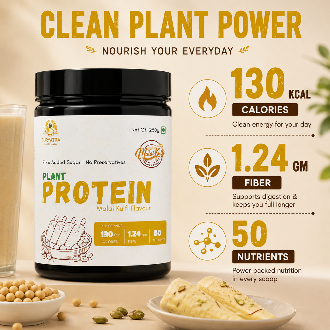 Suryatra Plant Protein Powder – Malai Kulfi Flavour | High-Fibre Protein Supplement | 250g