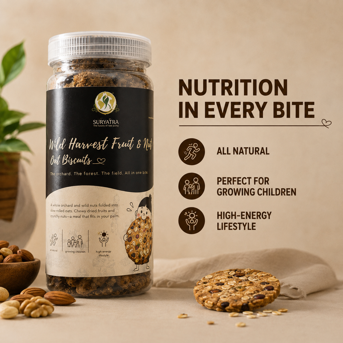 Wild Harvest Fruit & Nut Oat Biscuits by Suryatra, 140g | No Palm Oil, High Fibre | 3X Oats | 0% Maida, Refined Sugar | With Fruits, Nuts & Seeds | Anytime Snack