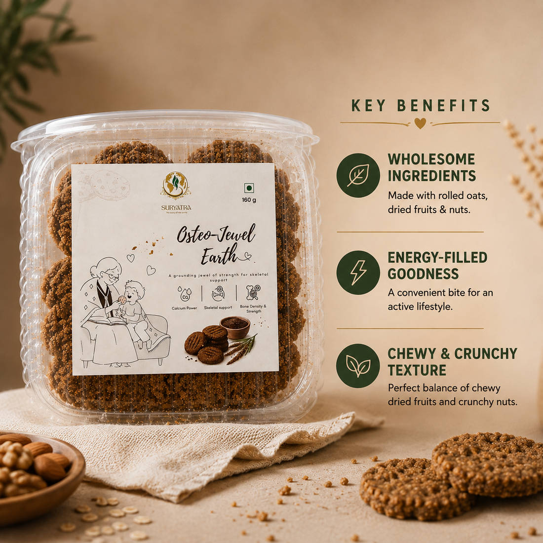 Osteo-Jewel Earth by Suryatra, 160g | No Palm Oil | High Fibre | Oat-Based Nutrition | With Nuts & Seeds | Anytime Snack