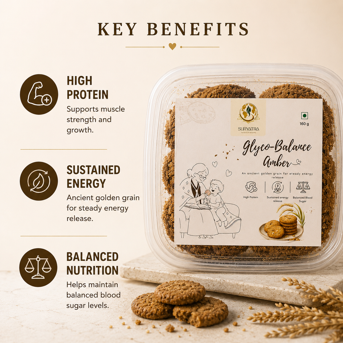 Glyco Balance Amber Cookies by Suryatra, 160g | No Palm Oil | High Fibre | Oat-Based Cookies | With Nuts & Seeds | Anytime Snack
