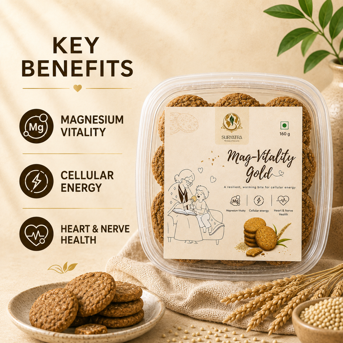 Mag-Vitality Gold by Suryatra, 160g | No Palm Oil | High Fibre | Oat-Based Nutrition | With Nuts & Seeds | Anytime Snack