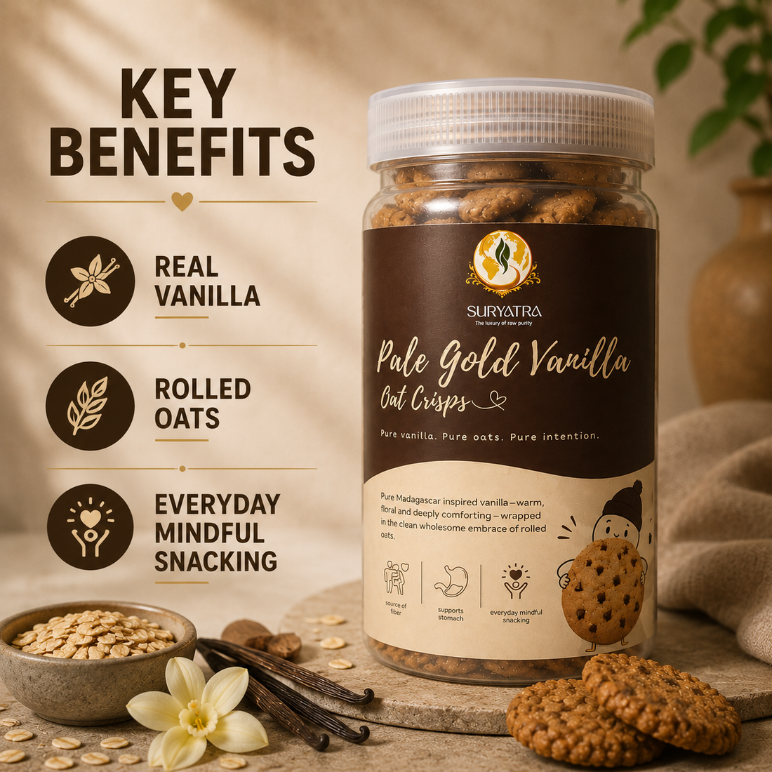 Pale Gold Vanilla Oat Biscuits by Suryatra, 140g | No Palm Oil, High Fibre | 3X Oats | 0% Maida, Refined Sugar | Anytime Snack