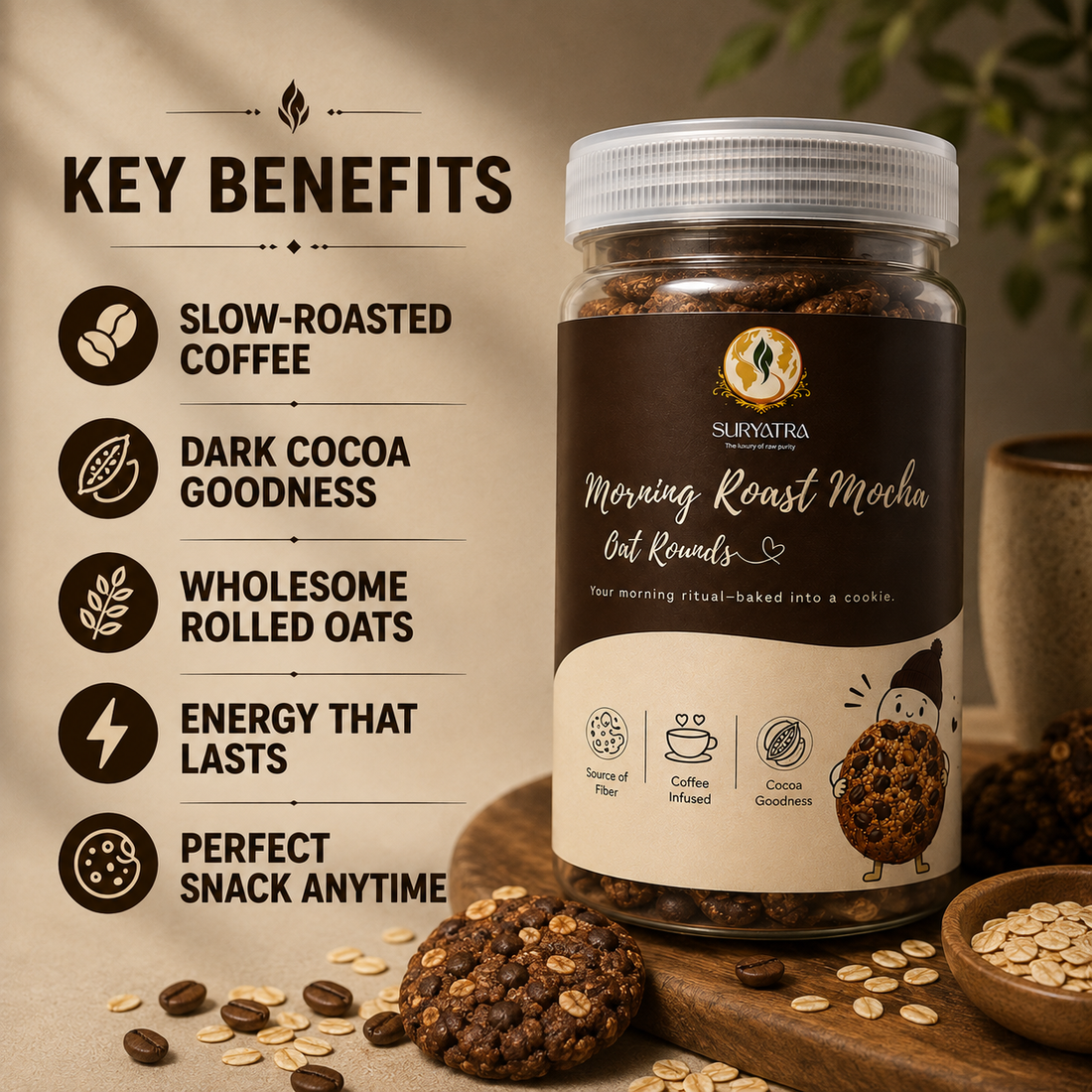 Morning Roast Mocha Oat Biscuits by Suryatra, 140g | No Palm Oil, High Fibre | 3X Oats | 0% Maida, Refined Sugar | Anytime Snack