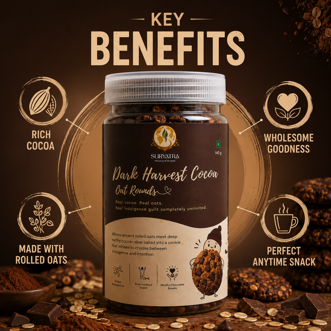 Dark Harvest Cocoa Oat Biscuits by Suryatra, 140g | No Palm Oil, High Fibre | 3X Oats | 0% Maida, Refined Sugar | Anytime Snack